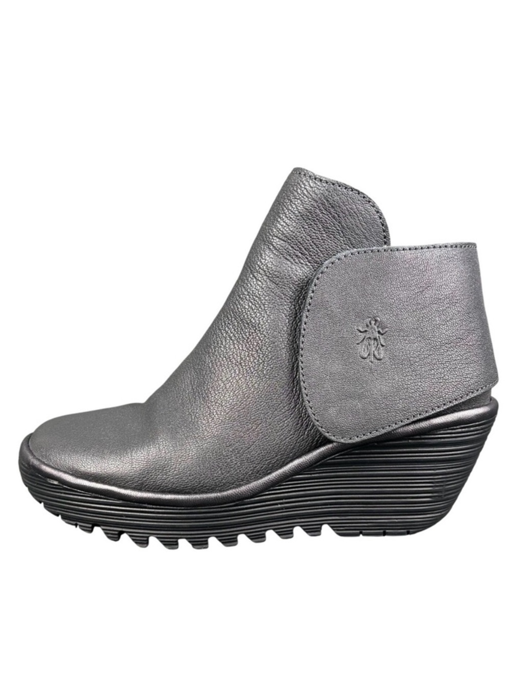 Fly London Yogi Pewter Leather Wedge Ankle Boots Womens 37 Made Portugal